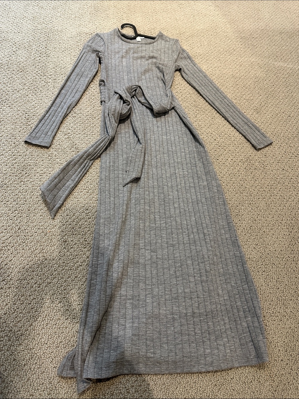 Topshop Gray Ribbed Long Sleeve Maxi Dress with Self Tie